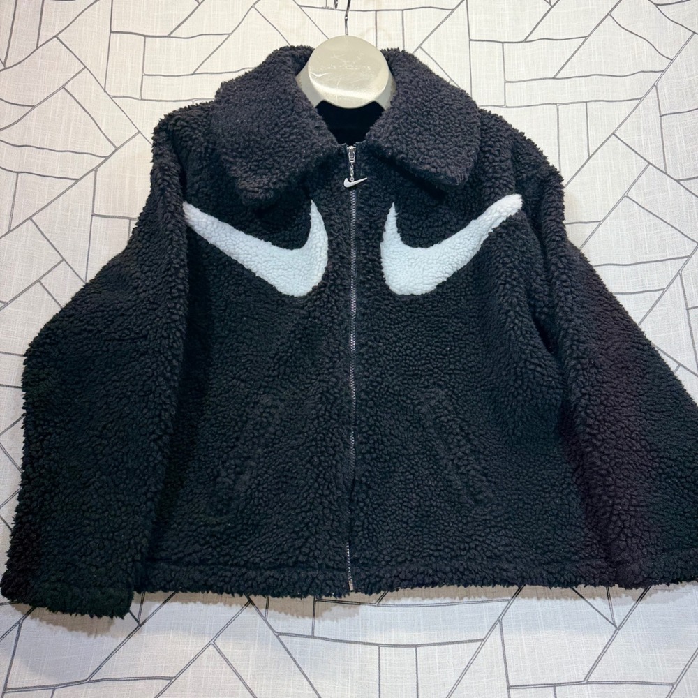 Nike Sherpa Fleece Jacket Large Black Big Swoosh Full Zip Borg Coat
